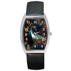 Peacock Bird Feathers Plumage Colorful Texture Abstract Barrel Style Metal Watch