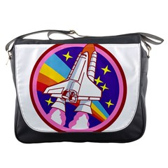 Badge-patch-pink-rainbow-rocket Messenger Bag by Wav3s