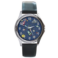 Cat-cosmos-cosmonaut-rocket Round Metal Watch