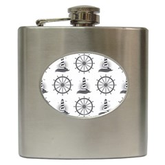 Marine-nautical-seamless-pattern-with-vintage-lighthouse-wheel Hip Flask (6 Oz) by Wav3s