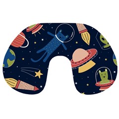 Seamless-pattern-with-funny-aliens-cat-galaxy Travel Neck Pillow by Wav3s