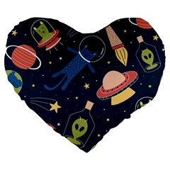 Seamless-pattern-with-funny-aliens-cat-galaxy Large 19  Premium Flano Heart Shape Cushions