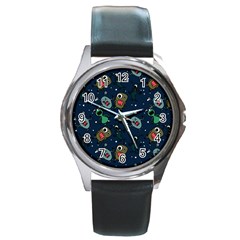 Monster-alien-pattern-seamless-background Round Metal Watch