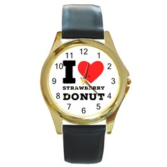 I Love Strawberry Donut Round Gold Metal Watch by ilovewhateva