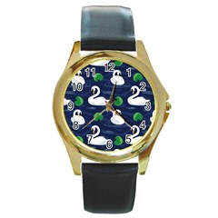 Swan Pattern Elegant Design Round Gold Metal Watch by Vaneshart