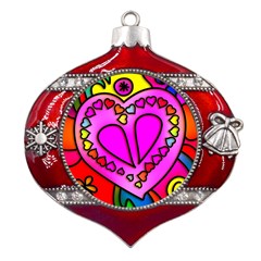 Stained Glass Love Heart Metal Snowflake And Bell Red Ornament by Vaneshart