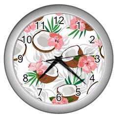 Seamless Pattern Coconut Piece Palm Leaves With Pink Hibiscus Wall Clock (silver) by Vaneshart
