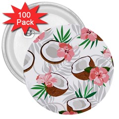 Seamless Pattern Coconut Piece Palm Leaves With Pink Hibiscus 3  Buttons (100 Pack)  by Vaneshart