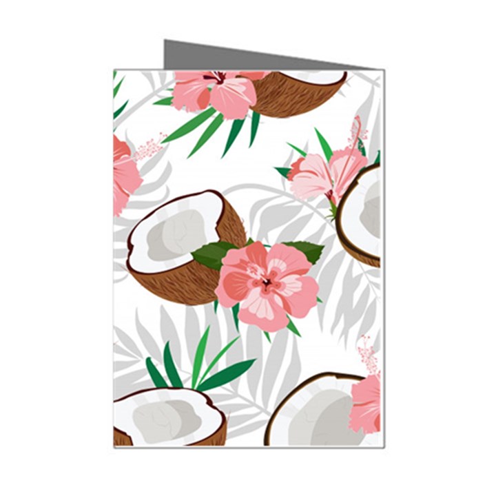 Seamless Pattern Coconut Piece Palm Leaves With Pink Hibiscus Mini Greeting Cards (Pkg of 8)