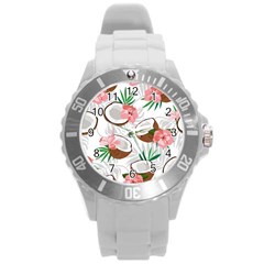 Seamless Pattern Coconut Piece Palm Leaves With Pink Hibiscus Round Plastic Sport Watch (l) by Vaneshart