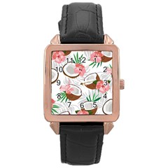 Seamless Pattern Coconut Piece Palm Leaves With Pink Hibiscus Rose Gold Leather Watch  by Vaneshart