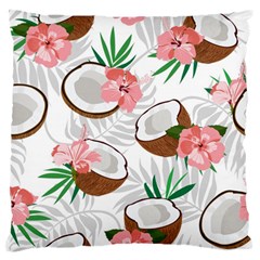 Seamless Pattern Coconut Piece Palm Leaves With Pink Hibiscus Large Premium Plush Fleece Cushion Case (one Side) by Vaneshart