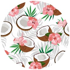 Seamless Pattern Coconut Piece Palm Leaves With Pink Hibiscus Wooden Puzzle Round by Vaneshart