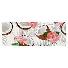 Seamless Pattern Coconut Piece Palm Leaves With Pink Hibiscus Banner And Sign 8  X 3 