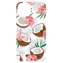 Seamless Pattern Coconut Piece Palm Leaves With Pink Hibiscus Iphone 14 Black Uv Print Case