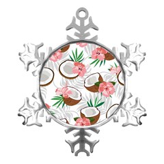 Seamless Pattern Coconut Piece Palm Leaves With Pink Hibiscus Metal Small Snowflake Ornament by Vaneshart