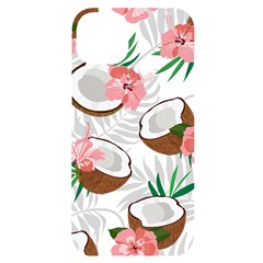 Seamless Pattern Coconut Piece Palm Leaves With Pink Hibiscus Iphone 14 Plus Black Uv Print Case