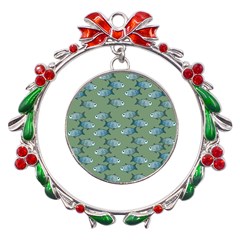 Fishes Pattern Background Theme Metal X mas Wreath Ribbon Ornament by Vaneshop