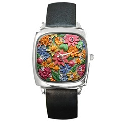 Flower Bloom Embossed Pattern Square Metal Watch by Vaneshop