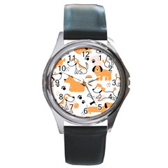 Seamless Pattern Of Cute Dog Puppy Cartoon Funny And Happy Round Metal Watch