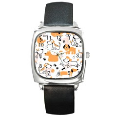 Seamless Pattern Of Cute Dog Puppy Cartoon Funny And Happy Square Metal Watch