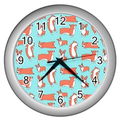 Corgis On Teal Wall Clock (silver)