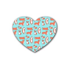 Corgis On Teal Rubber Heart Coaster (4 Pack)