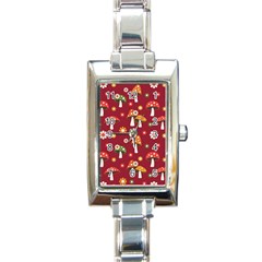 Woodland Mushroom And Daisy Seamless Pattern On Red Background Rectangle Italian Charm Watch