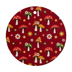 Woodland Mushroom And Daisy Seamless Pattern On Red Background Ornament (round)