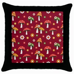 Woodland Mushroom And Daisy Seamless Pattern On Red Background Throw Pillow Case (black)
