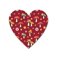 Woodland Mushroom And Daisy Seamless Pattern On Red Background Heart Magnet