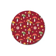 Woodland Mushroom And Daisy Seamless Pattern On Red Background Magnet 3  (round)