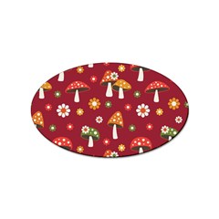 Woodland Mushroom And Daisy Seamless Pattern On Red Background Sticker (oval) by Wav3s