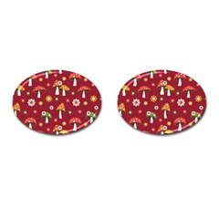 Woodland Mushroom And Daisy Seamless Pattern On Red Background Cufflinks (oval)