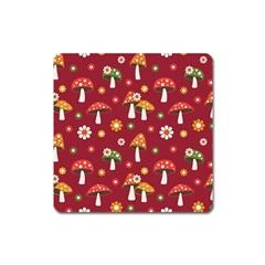 Woodland Mushroom And Daisy Seamless Pattern On Red Background Square Magnet