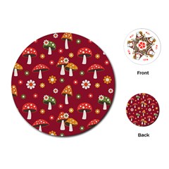 Woodland Mushroom And Daisy Seamless Pattern On Red Background Playing Cards Single Design (round)
