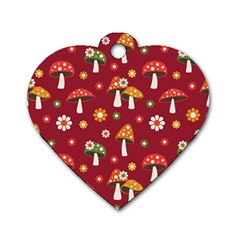 Woodland Mushroom And Daisy Seamless Pattern On Red Background Dog Tag Heart (two Sides)