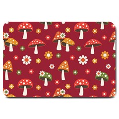 Woodland Mushroom And Daisy Seamless Pattern On Red Background Large Doormat