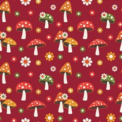 Woodland Mushroom And Daisy Seamless Pattern On Red Background Play Mat (rectangle) by Wav3s