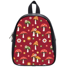 Woodland Mushroom And Daisy Seamless Pattern On Red Background School Bag (small) by Wav3s