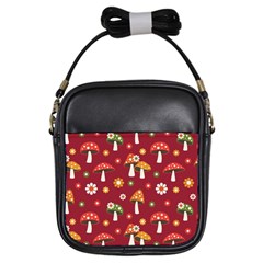 Woodland Mushroom And Daisy Seamless Pattern On Red Background Girls Sling Bag by Wav3s