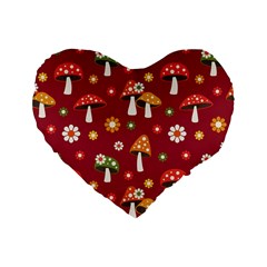 Woodland Mushroom And Daisy Seamless Pattern On Red Background Standard 16  Premium Heart Shape Cushions by Wav3s