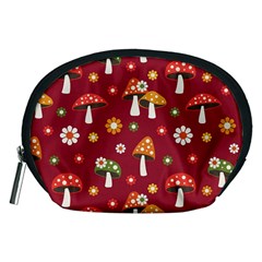 Woodland Mushroom And Daisy Seamless Pattern On Red Background Accessory Pouch (medium) by Wav3s