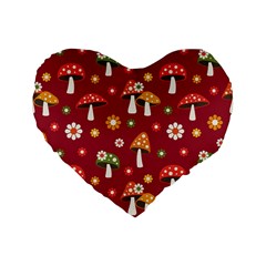 Woodland Mushroom And Daisy Seamless Pattern On Red Background Standard 16  Premium Flano Heart Shape Cushions by Wav3s