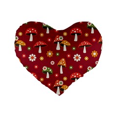 Woodland Mushroom And Daisy Seamless Pattern On Red Background Standard 16  Premium Flano Heart Shape Cushions