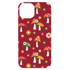 Woodland Mushroom And Daisy Seamless Pattern On Red Background Iphone 14 Black Uv Print Case by Wav3s