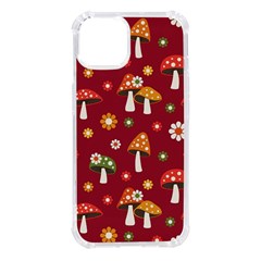 Woodland Mushroom And Daisy Seamless Pattern On Red Background Iphone 14 Tpu Uv Print Case by Wav3s