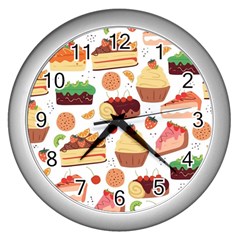 Seamless Pattern Hand Drawing Cartoon Dessert And Cake Wall Clock (silver)