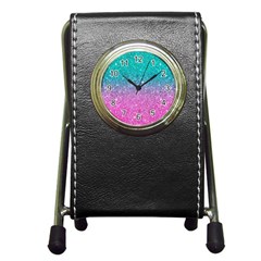 Pink And Turquoise Glitter Pen Holder Desk Clock