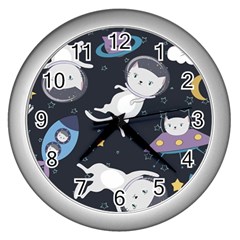 Space Cat Illustration Pattern Astronaut Wall Clock (silver)